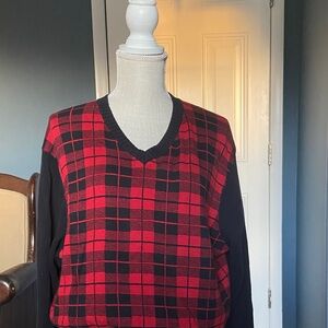 Tommy Hilfiger Red and Black Plaid V-Neck Sweater